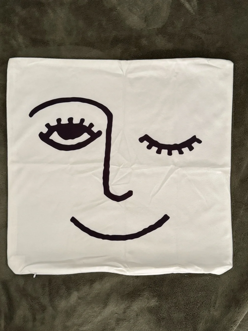 White Decorative Face Pillow Cover with Black Line Art
